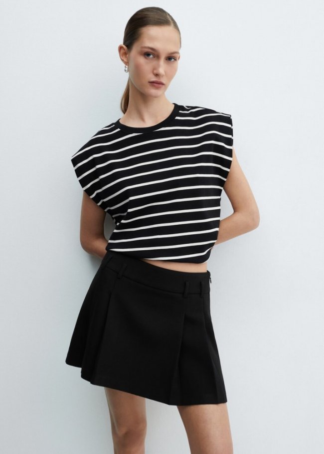 Mango Camiseta rayas hombreras - Negro