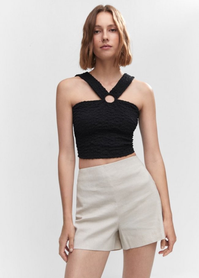 Mango Top textura detalle aro - Negro