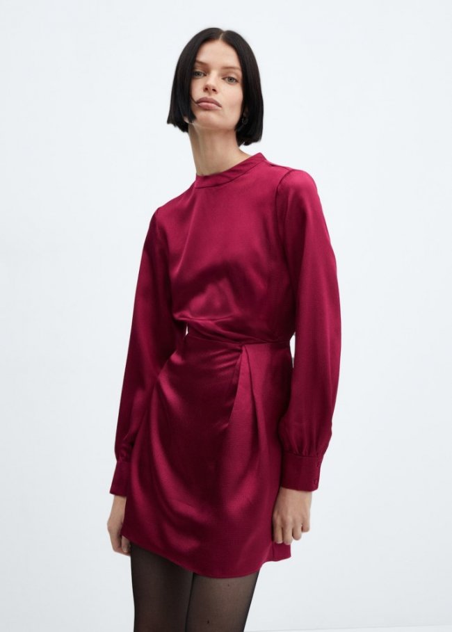 Mango Vestido satinado manga abullonada - Rojo medio