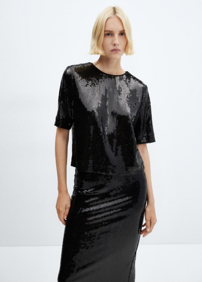 Mango Camiseta lentejuelas - Negro