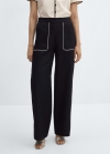 Mango Pantalón lino ribetes contraste - Negro