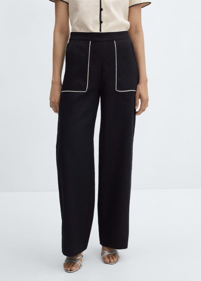 Mango Pantalón lino ribetes contraste - Negro