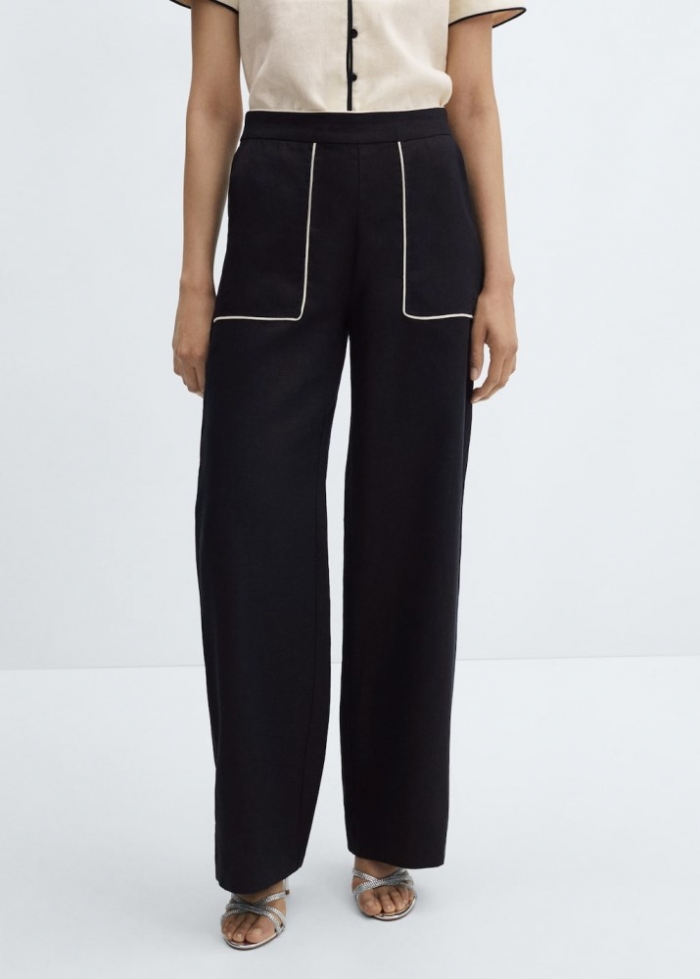 Mango Pantalón lino ribetes contraste - Negro