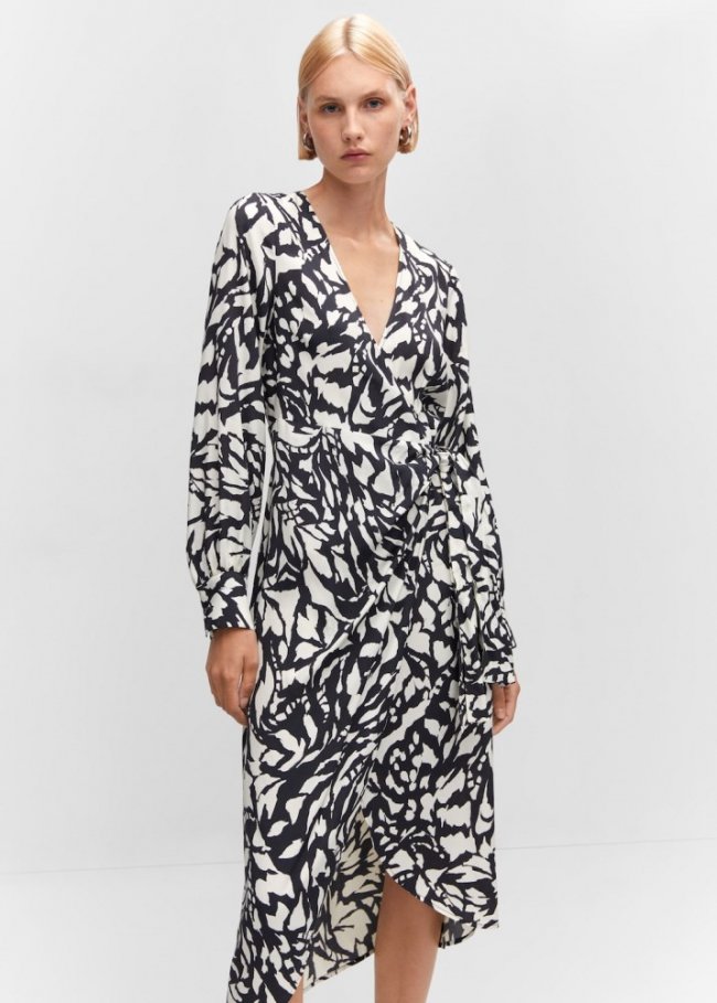 Mango Vestido cruzado estampado - Negro