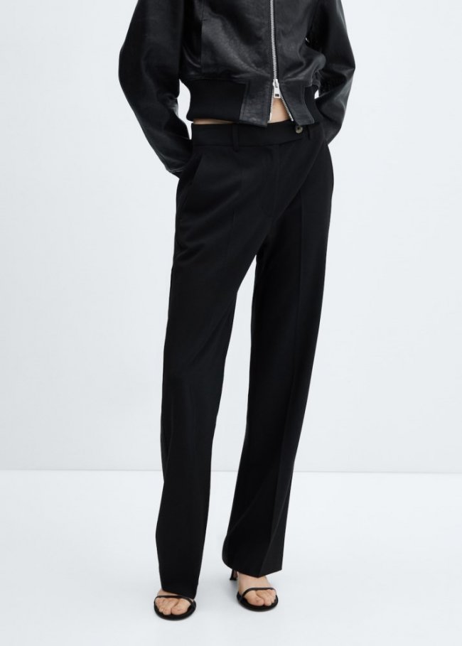 Mango Pantalón recto botón lateral - Negro