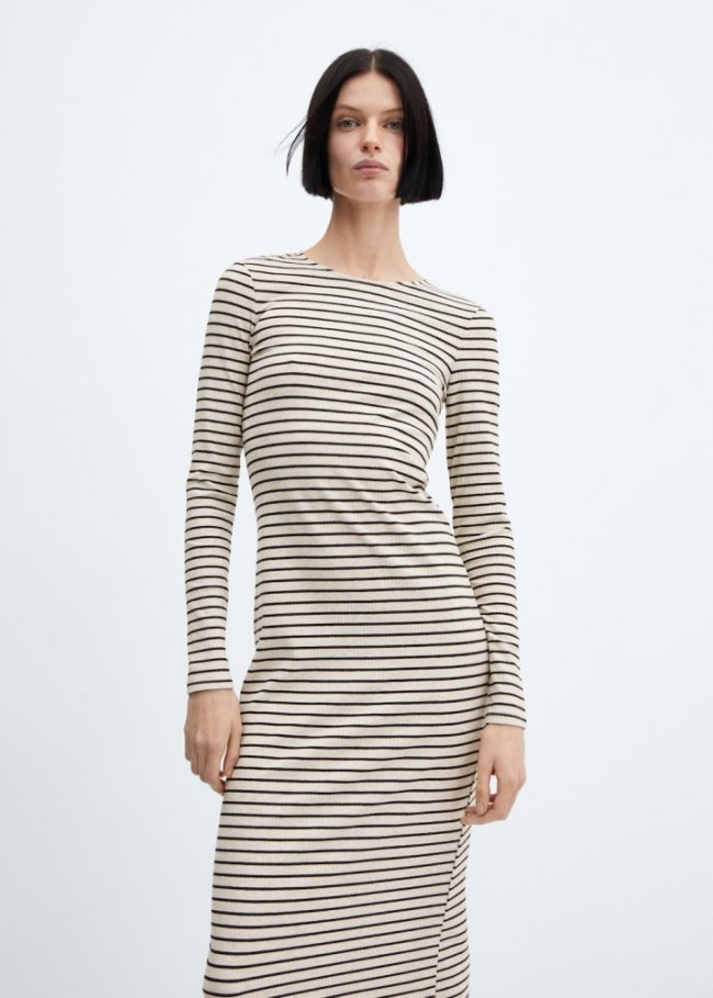 Mango Vestido canalé rayas - Beige