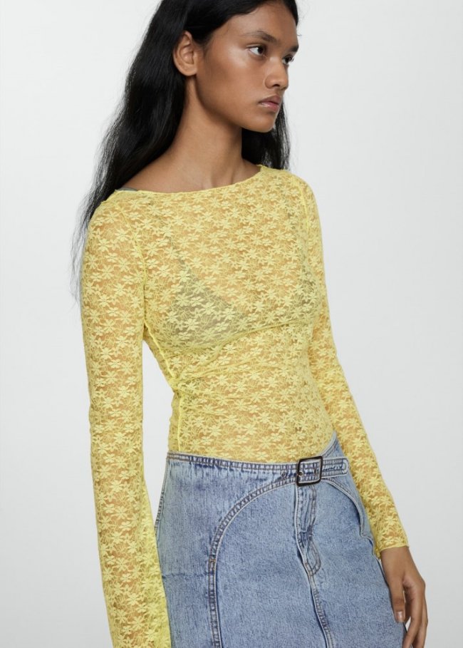 Mango Camiseta encaje floral - Amarillo pastel