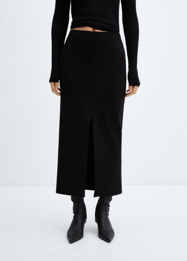 Mango Falda midi abertura frontal - Negro