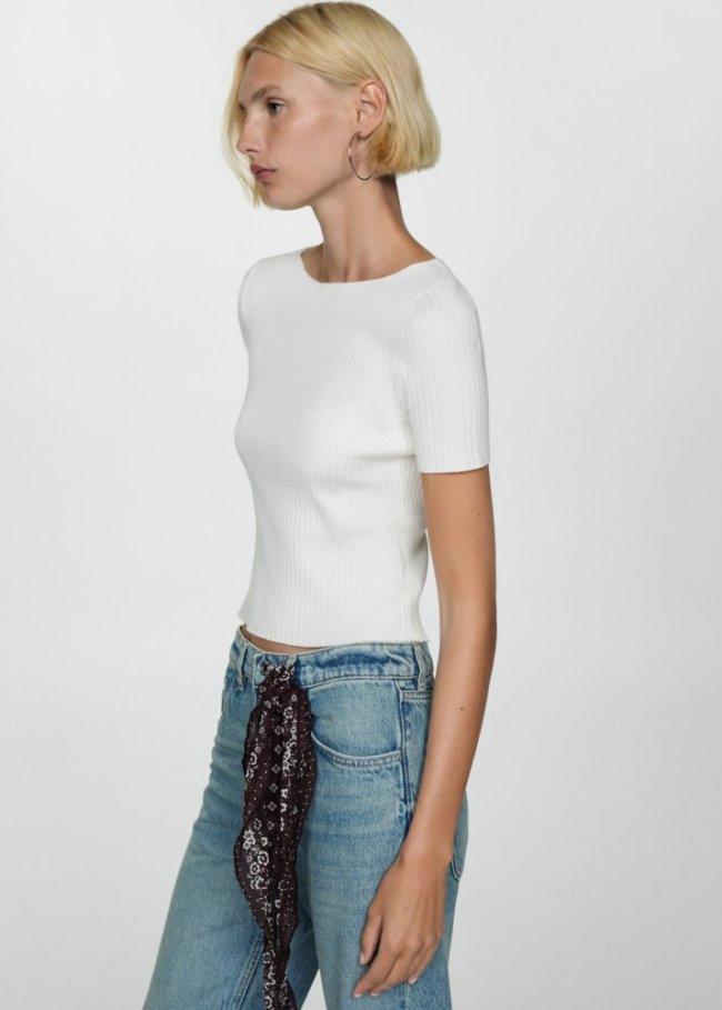 Mango Camiseta punto fino manga corta - Blanco roto
