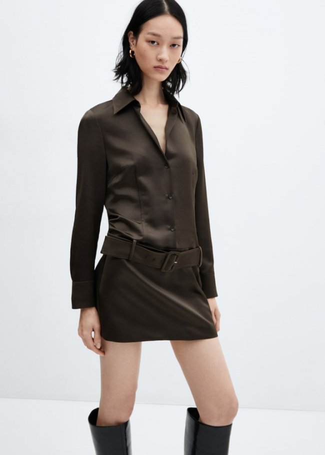 Mango Vestido satinado cinturón - Khaki