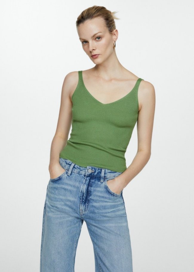 Mango Top punto escote pico - Verde