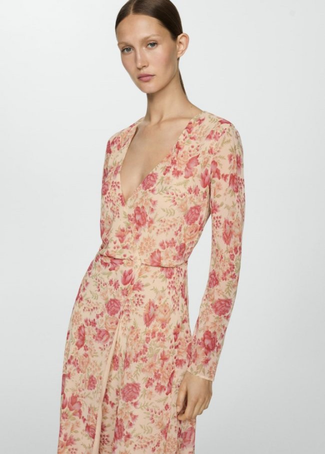 Mango Vestido flores bajo asimétrico - Crudo