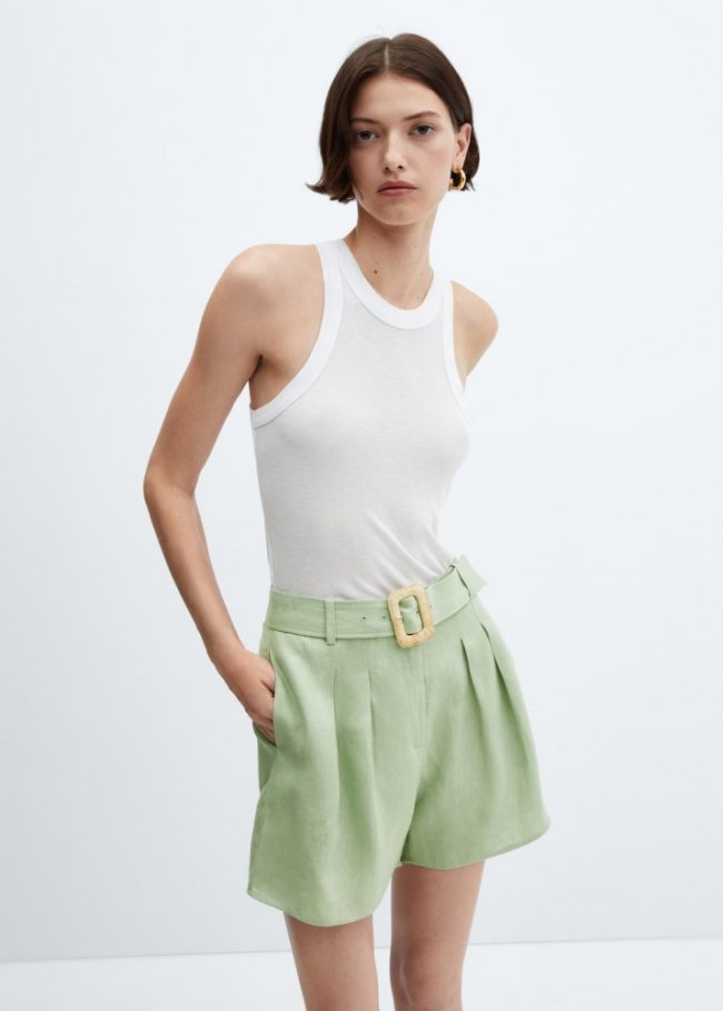 Mango Shorts lino cinturón - Verde pastel
