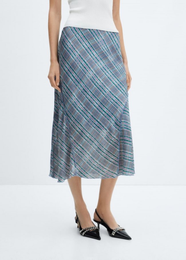 Mango Falda midi satinada cuadros - Azul