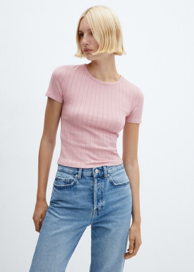 Mango Camiseta canalé textura - Rosa