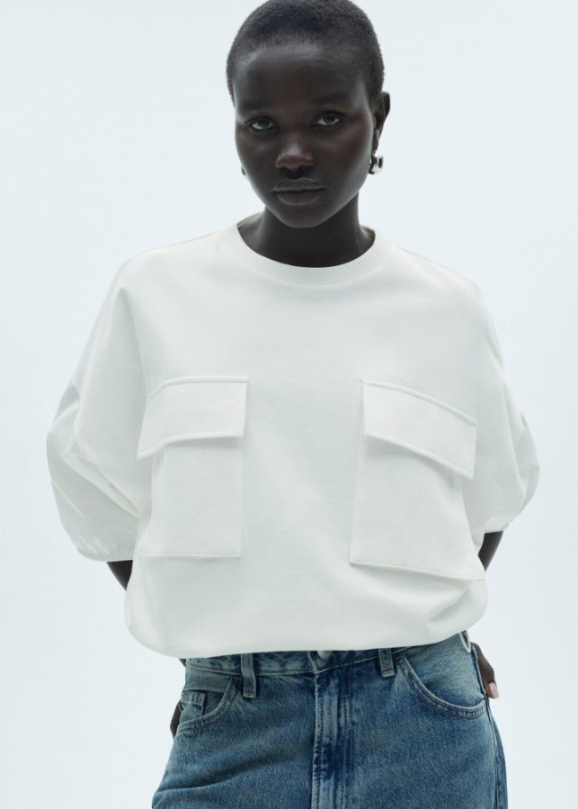 Mango Camiseta algodón bolsillos - Blanco roto