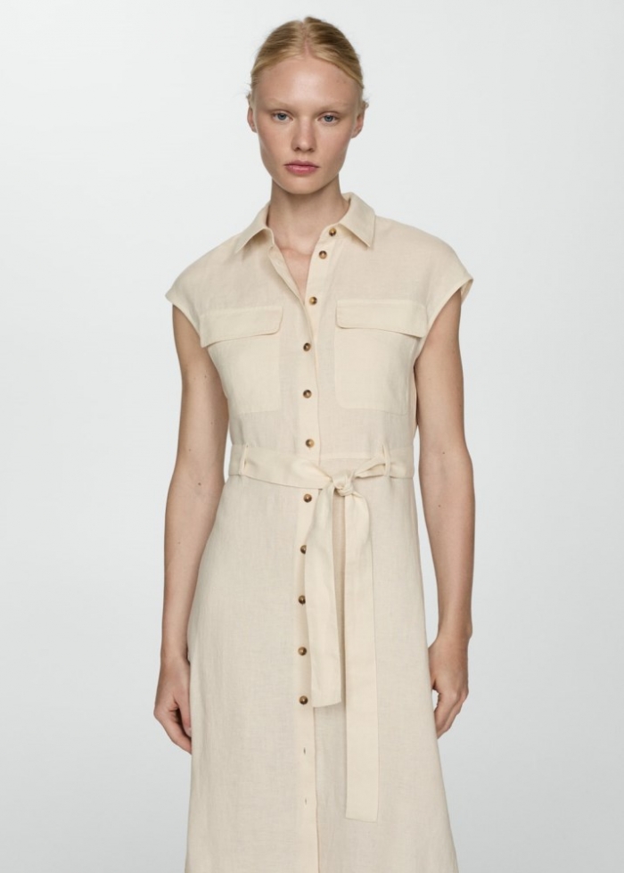 Mango Vestido camisero 100% lino - Arena