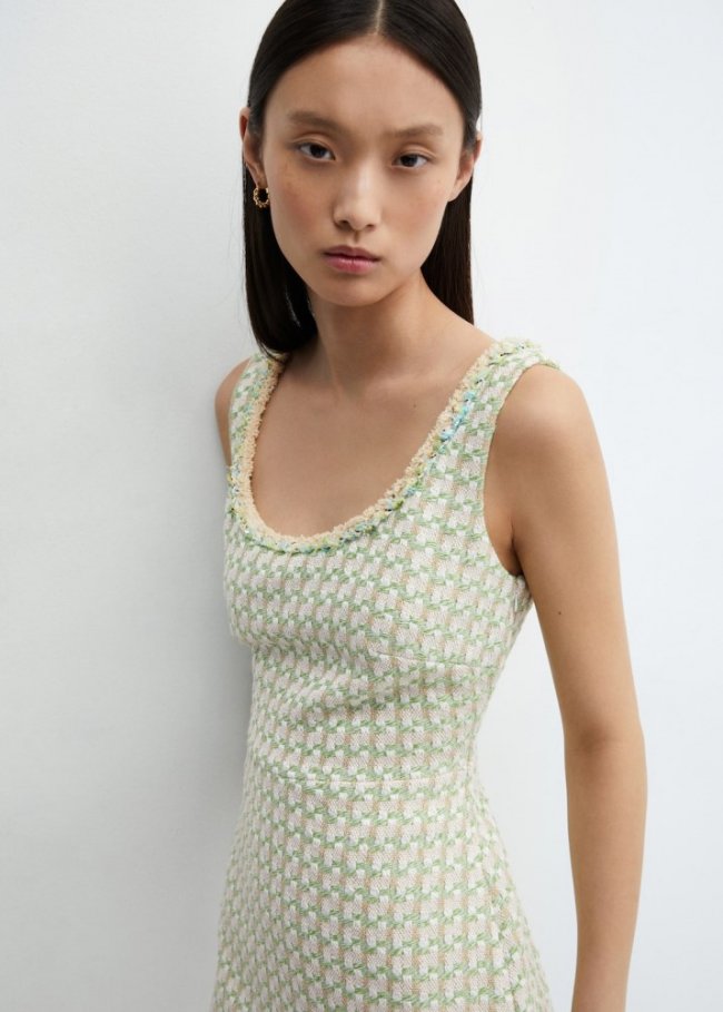 Mango Vestido tweed cuadros - Verde pastel