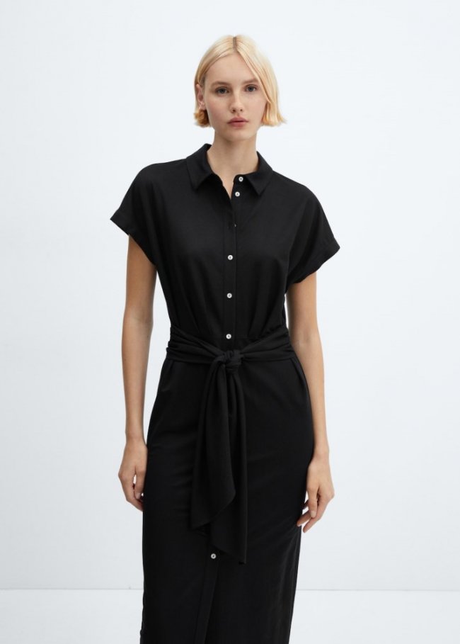 Mango Vestido camisero lazo - Negro