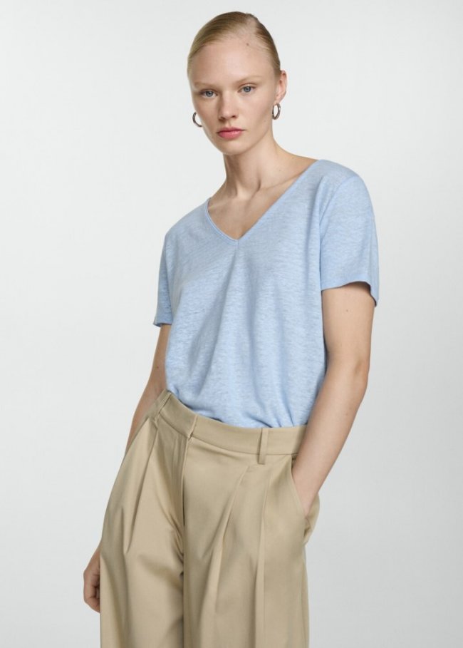 Mango Camiseta lino cuello pico - Azul celeste