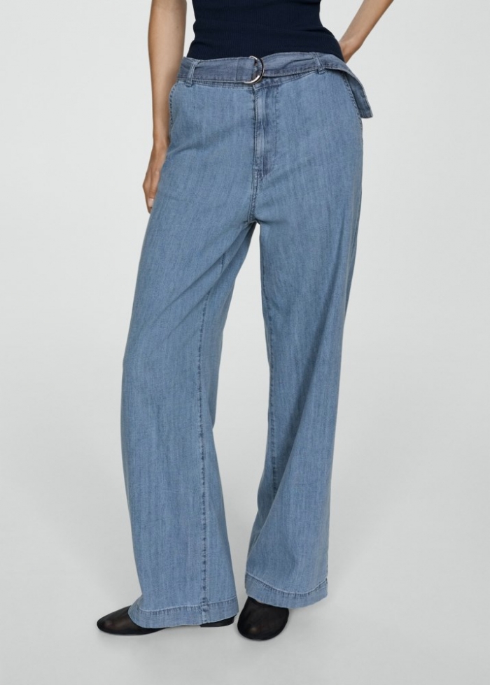 Mango Pantalón fluido wideleg cinturón - Azul medio