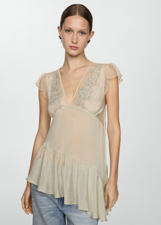 Mango Blusa asimétrica bordada - Crudo