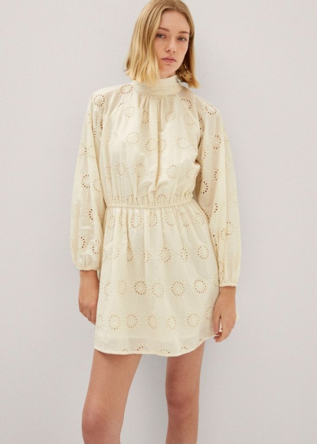 Mango Vestido algodón detalles calados - Crudo