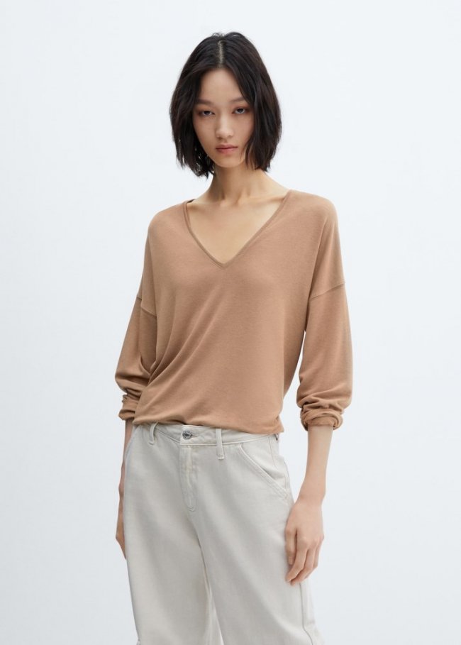 Mango Camiseta manga larga cuello pico - Marrón medio