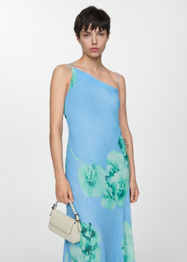 Mango Vestido asimétrico floral - Azul celeste