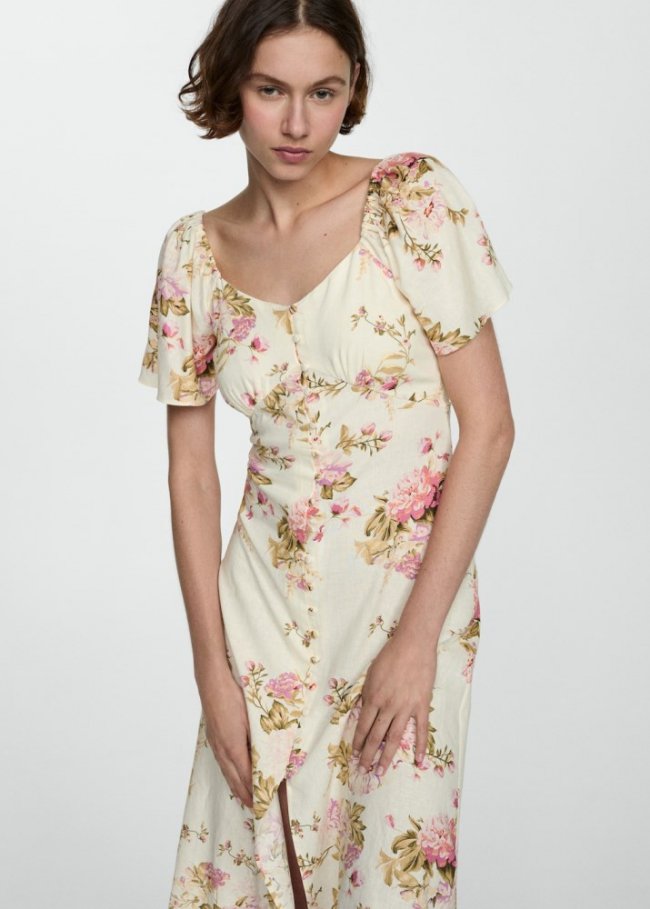 Mango Vestido lino botones - Crudo