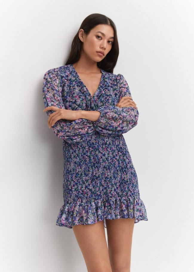 Mango Vestido corto bajo fruncido - Azul