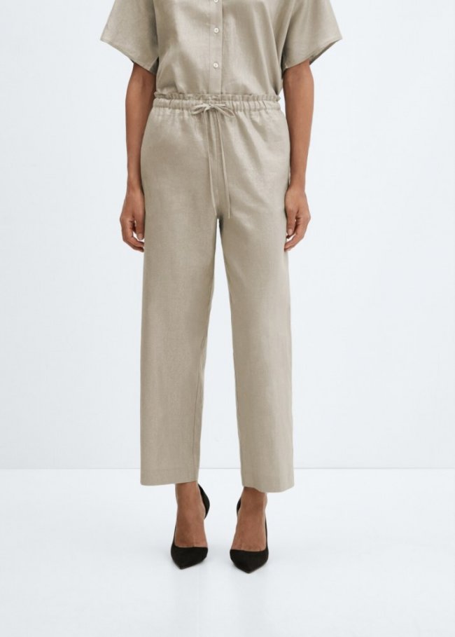 Mango Pantalón lino cintura elástica - Marrón medio