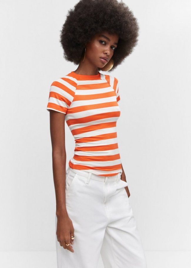Mango Camiseta estampado rayas - Naranja