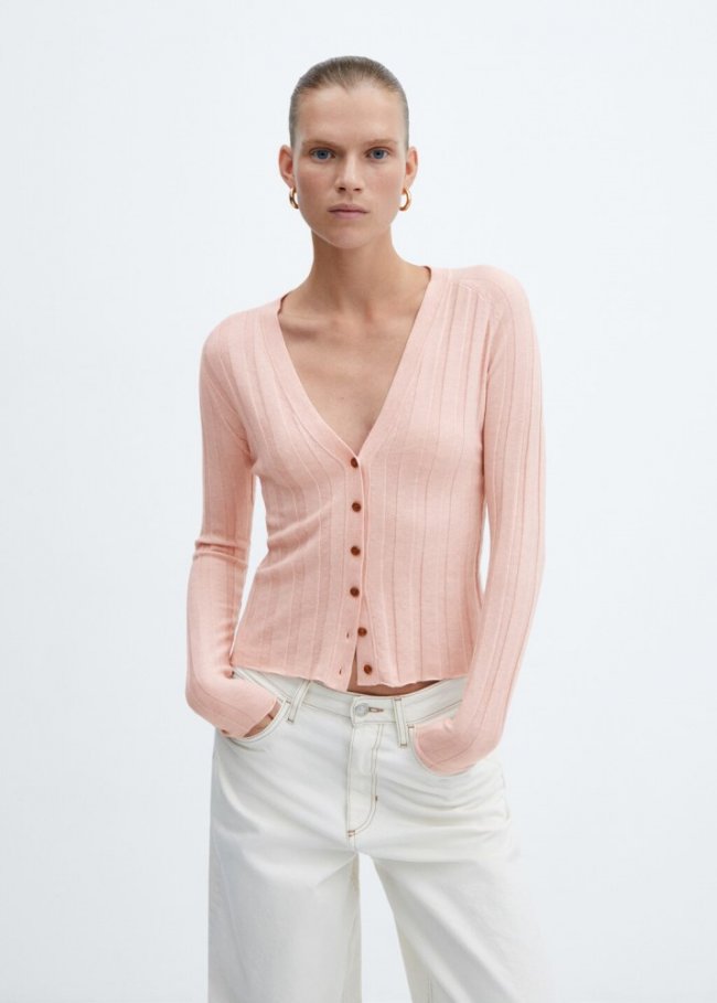 Mango Cárdigan canalé botones - Rosa pastel