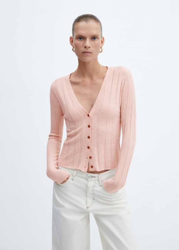Mango Cárdigan canalé botones - Rosa pastel