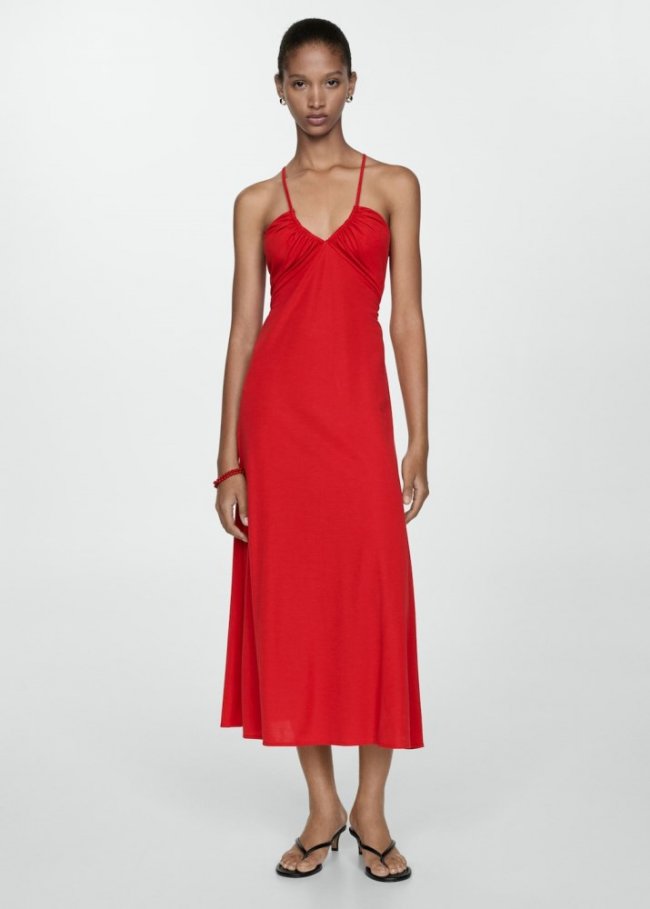 Mango Vestido midi fruncido - Rojo
