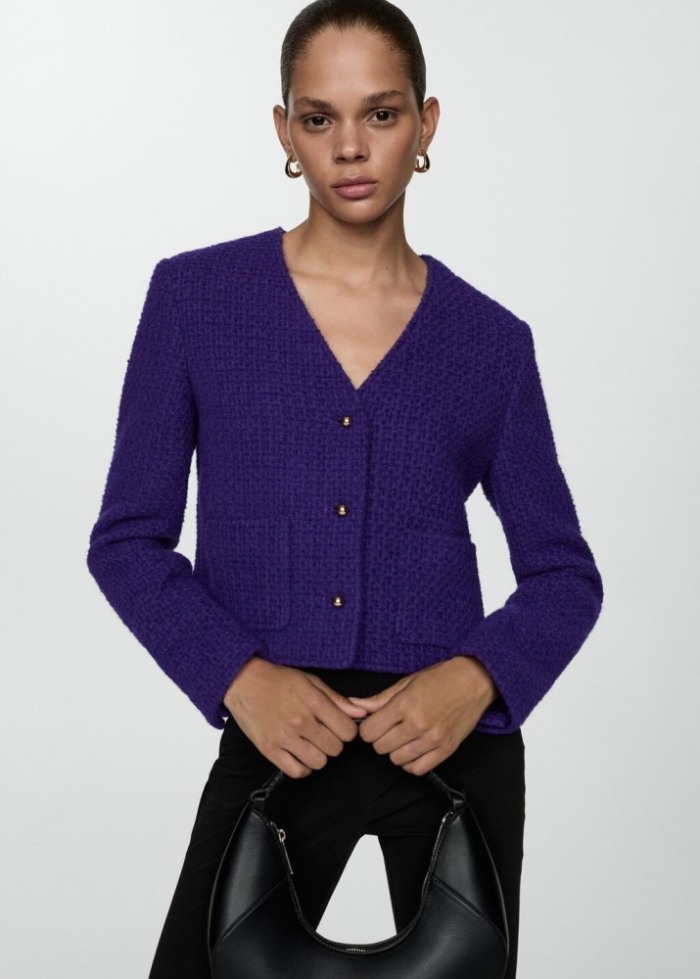 Mango Chaqueta tweed cuello pico - Morado