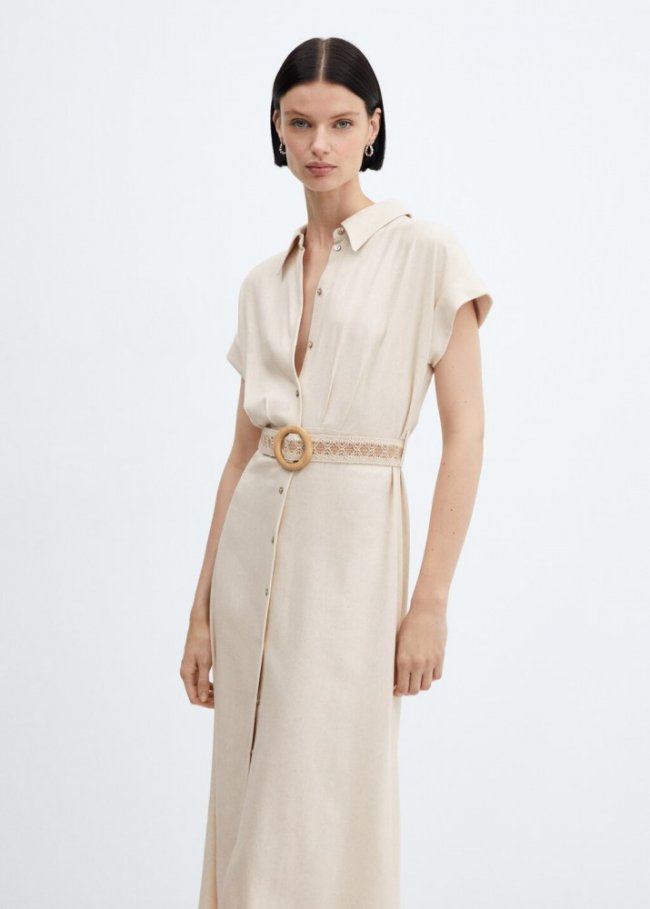 Mango Vestido camisero cinturón - Crudo