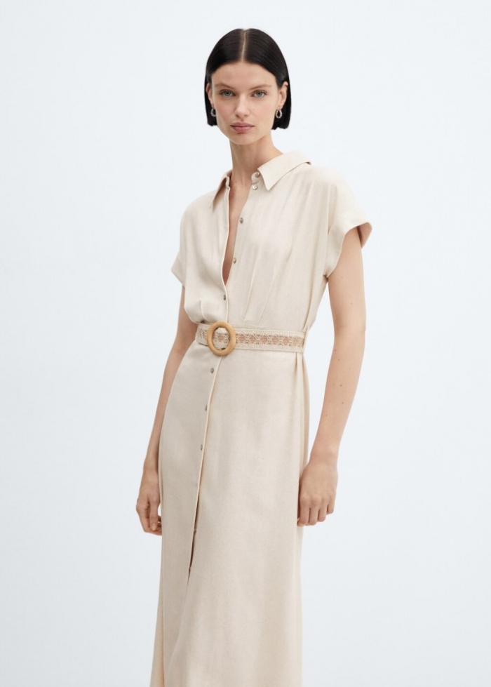 Mango Vestido camisero cinturón - Crudo
