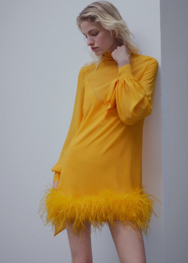 Mango Vestido semitransparente plumas - Amarillo