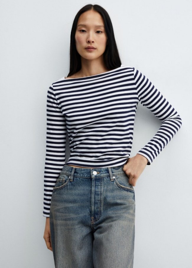 Mango Camiseta cuello barco algodón - Azul marino