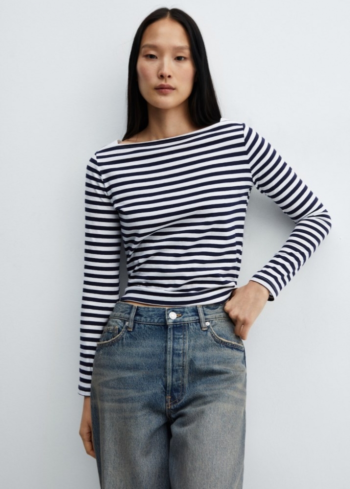 Mango Camiseta cuello barco algodón - Azul marino