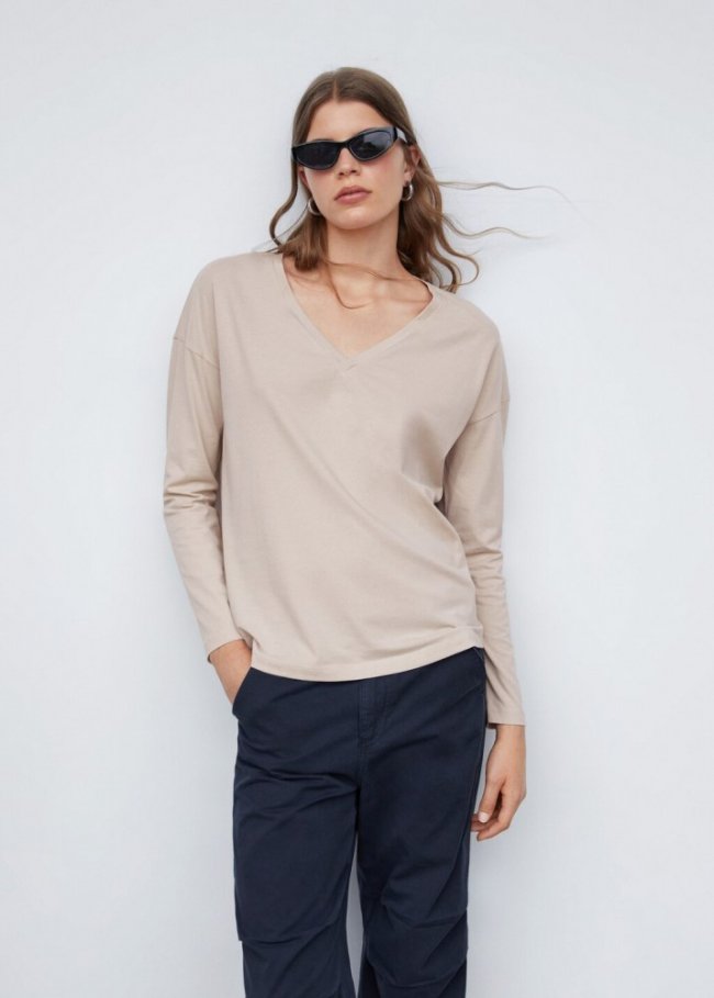 Mango Camiseta algodón cuello pico - Beige