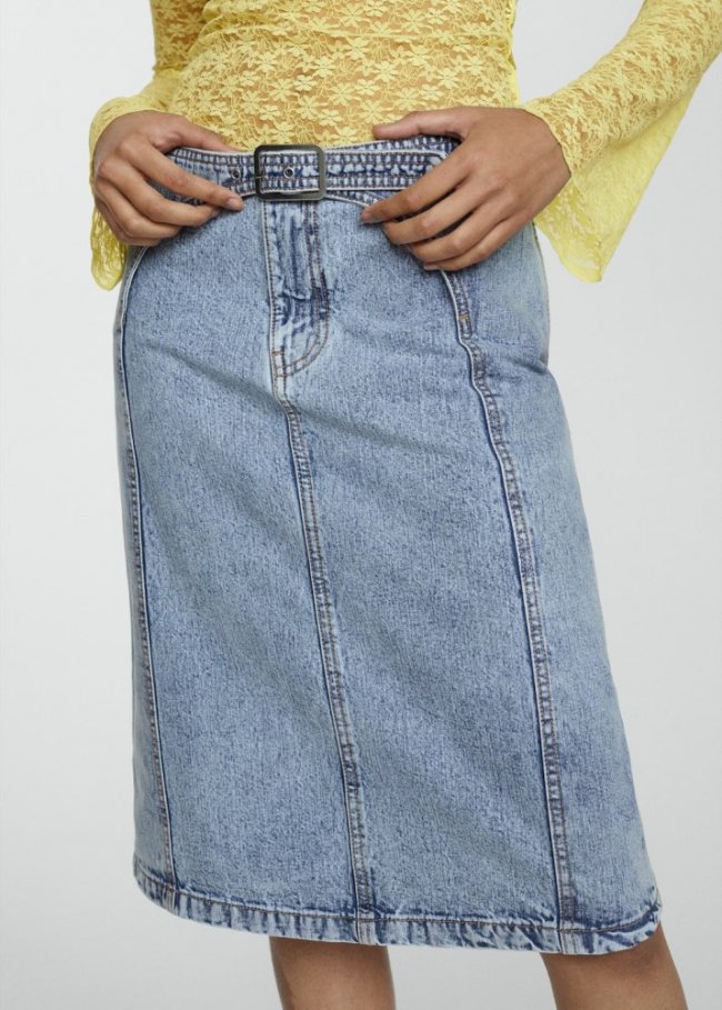 Mango Falda vaquera midi cinturón - Azul