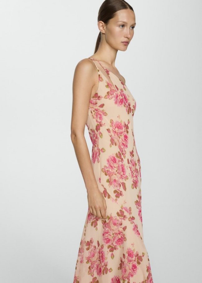 Mango Vestido asimétrico floral - Blanco roto