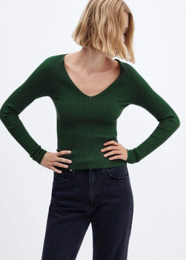 Mango Jersey canalé cuello pico - Verde