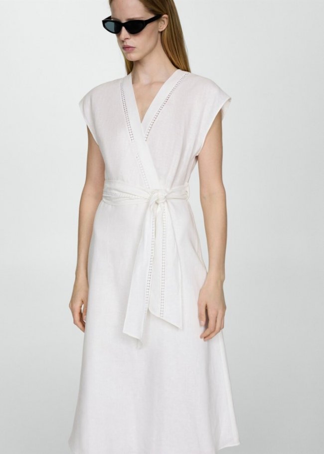 Mango Vestido lazo 100% lino - Blanco