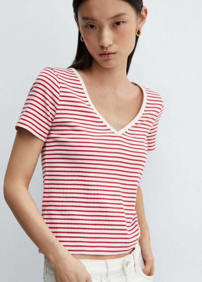 Mango Camiseta rayas cuello pico - Rojo
