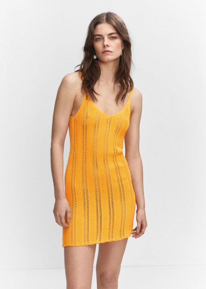 Mango Vestido punto detalle calado - Mostaza