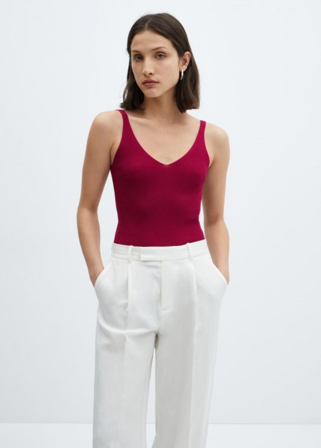 Mango Top punto escote pico - Rojo